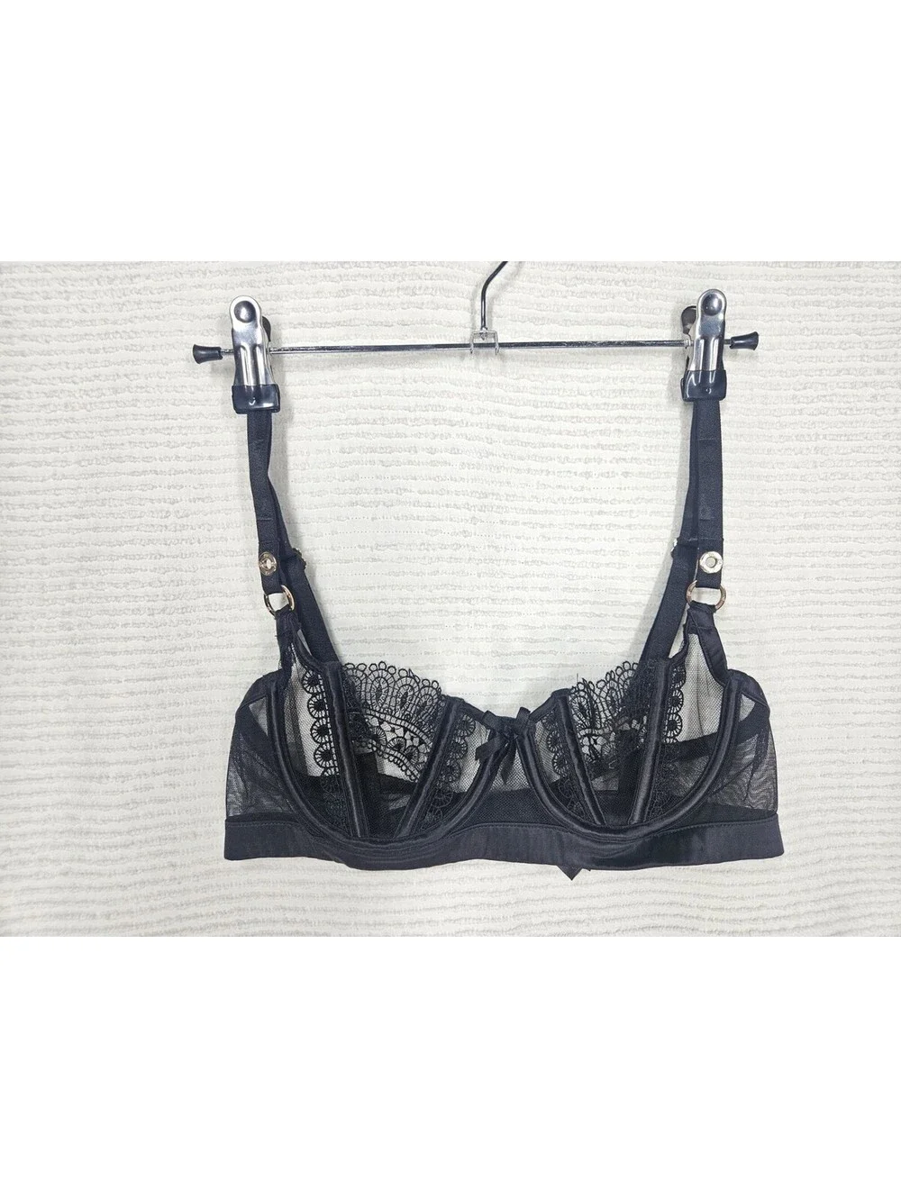 honey birdette Miss Soo Bra 10C 32C Black Boned Balconette Satin Lace Rare Luxe